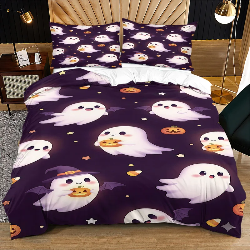 Kawaii Halloween Duvet Cover Set Cartoon Ghost Pumpkin Lantern Candy Bat Print Bedding Sets Cute Bedroom Home Decor Holiday Gift