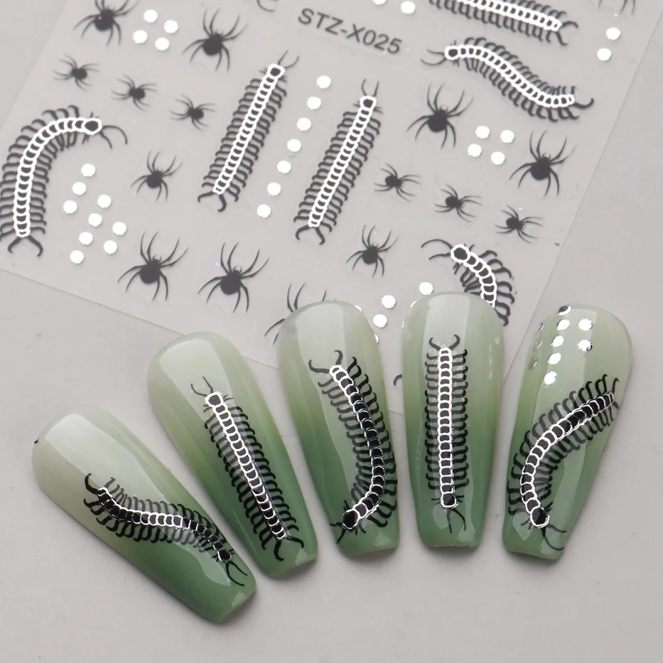 2pcs 3D Centipede Spider Halloween Nail Stickers Y2K Metallic Chrome Designs Self-Adhesive Sliders Decals Nail Art Decorations