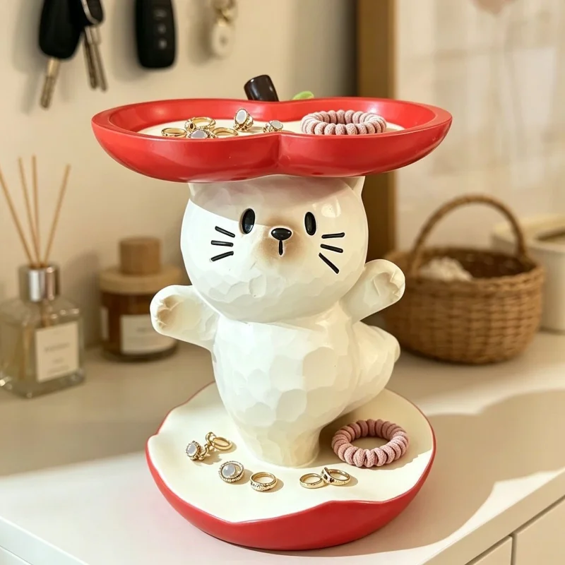 Cute Cat Apple Shape Tray Storage Ornament Ins Style for Entryway Key Jewelry Desktop Home Decoration Trays Decorative