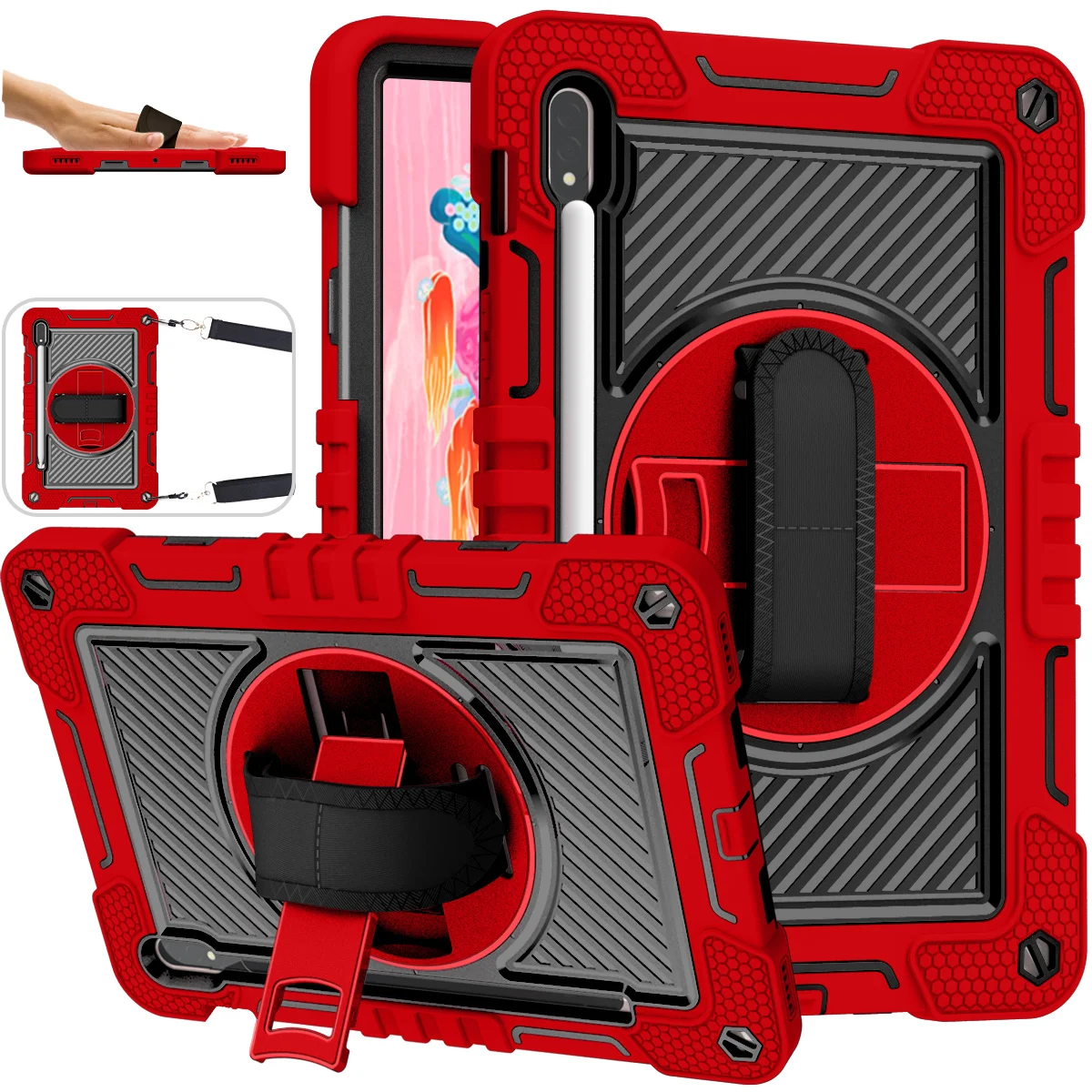 For Samsung Galaxy Tab S7 S8 SM-T870 T875 X700 X706 360 Rotating Case Kids Safe Cover With Hand Shoulder Strap Pen Holder Funda