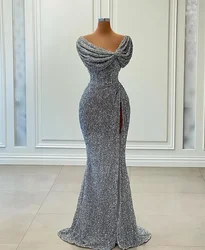 Vestido de fiesta de sirena con lentejuelas plateadas para mujer, elegante vestido de noche Formal con abertura lateral alta, 2023