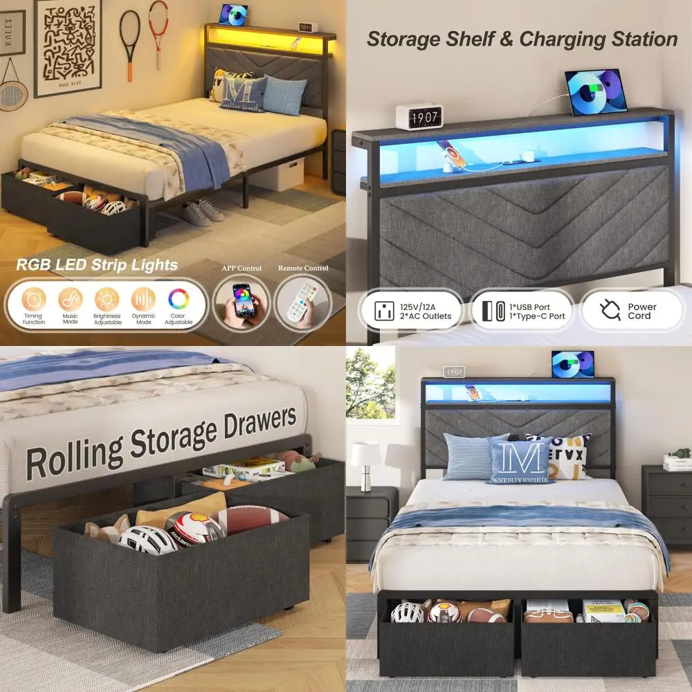 

Двуспальная кровать-платформа серого цвета с зарядкой, светодиодной подсветкой, ящиками для хранения, мягким изголовьем, не требует пружинного блока, простая сборка.