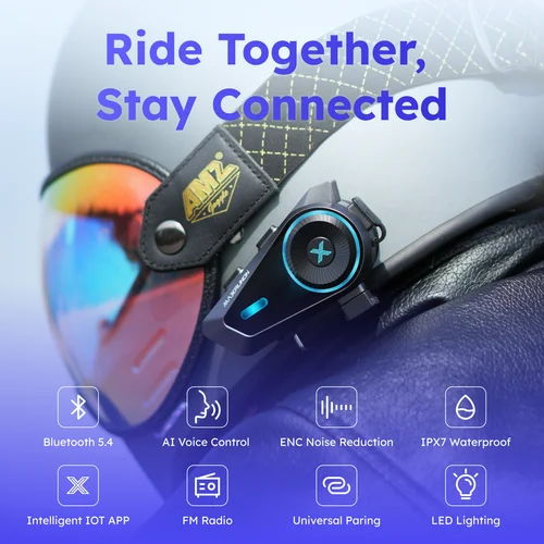 Imagen 2 del producto MAXRUNON D10 Intercomunicador para moto casco auriculares 4 conductors Moto grupo interfono aplicación AI Control de voz ENC IPX7 FM BT5.4 Instrucciones en español, Voz offline y podcasting en español