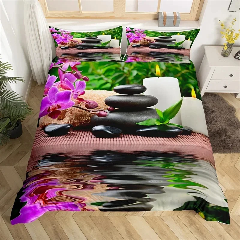 

Zen Stones King Duvet Cover Sandy Beach Bedding Set Microfiber Purple Phalaenopsis Comforter Cover Meditation Bedspread Cover
