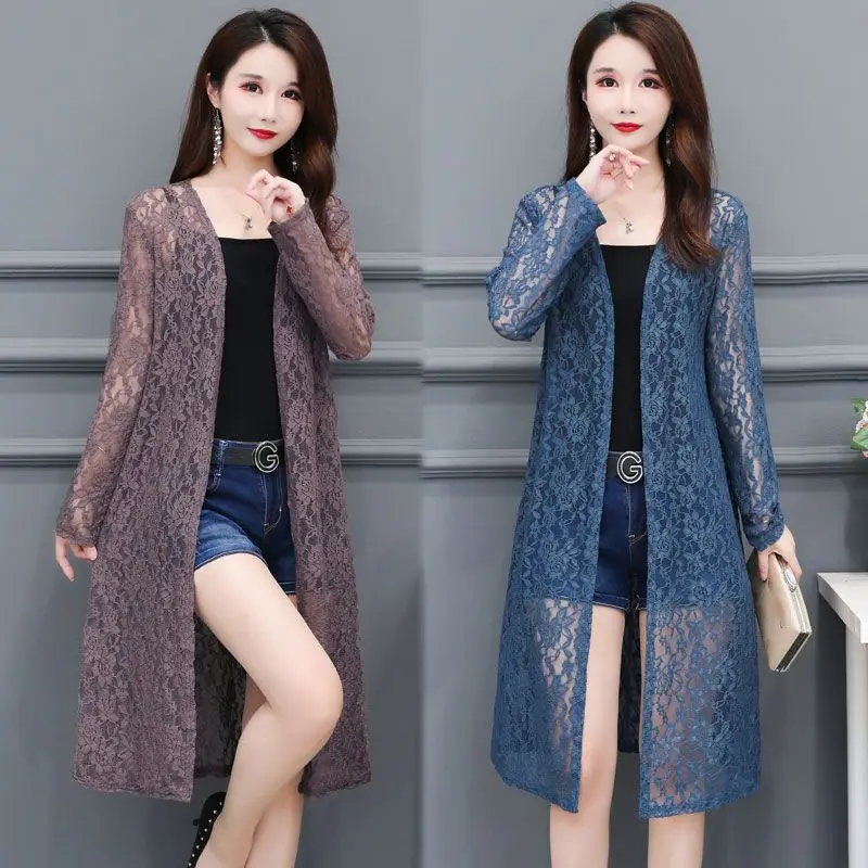 Fat exterior Cardigan summer women's long sleeved top loose lace sun jacket medium long shawl thin coat air-conditioned shirt