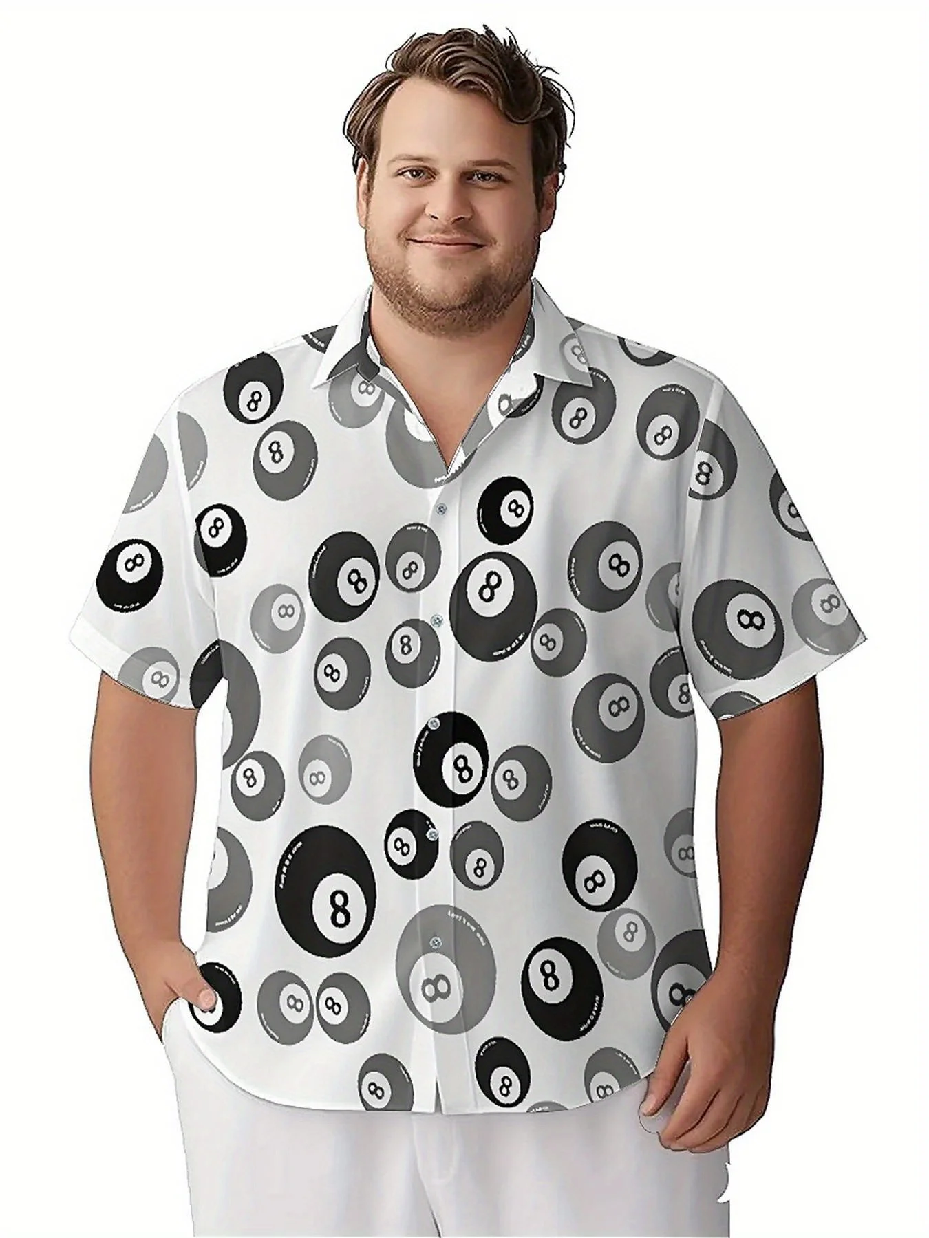 Men's Plus Size Hawaiian Shirts Black and White No. 8 Billiards pattern,New in Summer Fashion Tops,Hip Hop Rock Streetwear