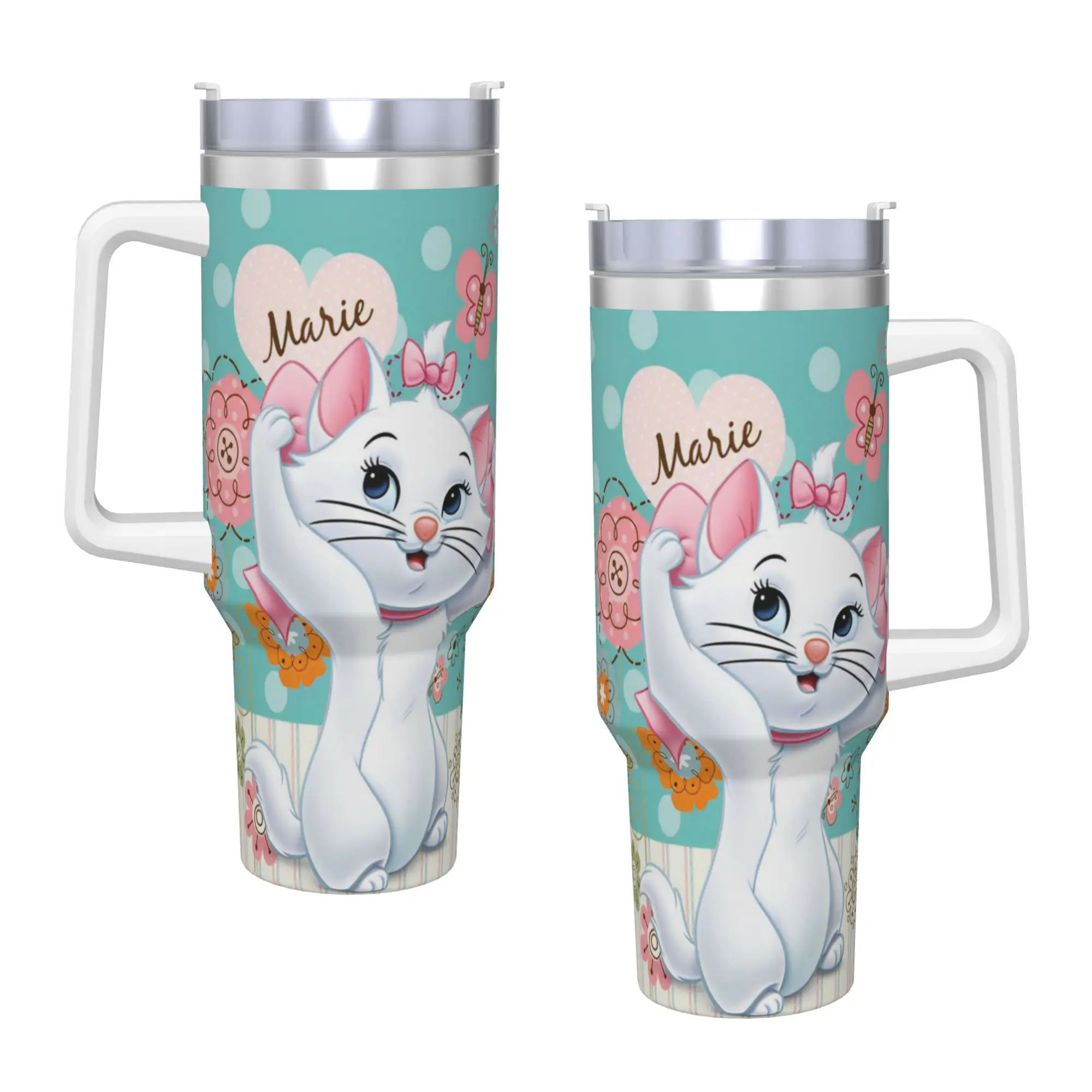 Vaso de Acero Inoxidable, Tazas con Diseño de la Gata Marie de los Aristocats, con Pajitas, Botella de Agua para Conducir, Taza Térmica de Gran Capacidad