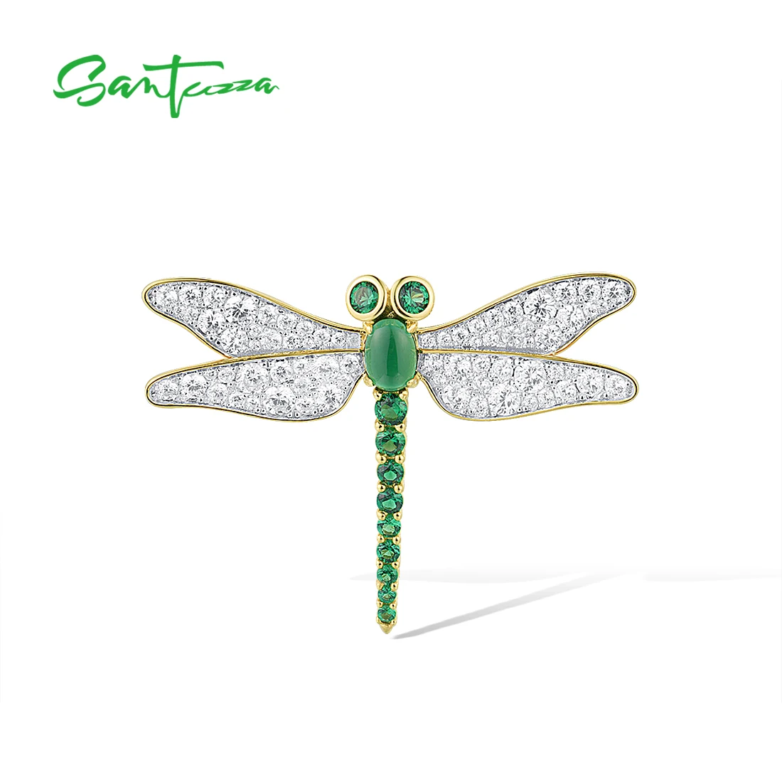 SANTUZZA Pure 925 Sterling Silver Brooch For Women Sparkling White CZ Created Ruby Green Enamel Dragonfly Lovely Fine Jewelry