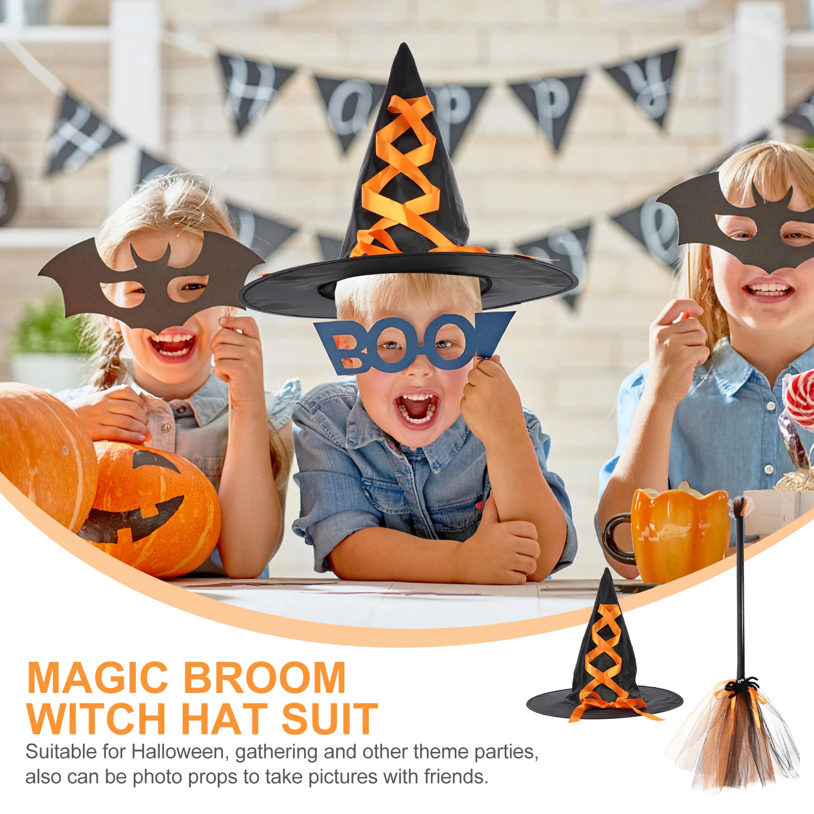 

Witch Hat Set Halloween Hats Wizard Caps Decorative Mesh Broom Prop Party Costume Accessories Festive Atmosphere Classic Design