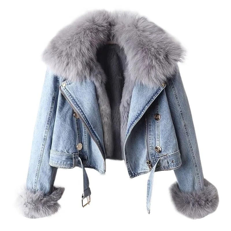 

Autumn and Winter New Fashion Removable Imitation Fox Hair Liner Comfortable Denim Jacket Women's Short Fur Integrated Top