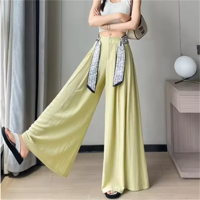 

Elegant Wide Leg Trouser Women Pants Srring Summer High Waist Loose Fit Straight Pants Printing Lace-up Long Women Pants