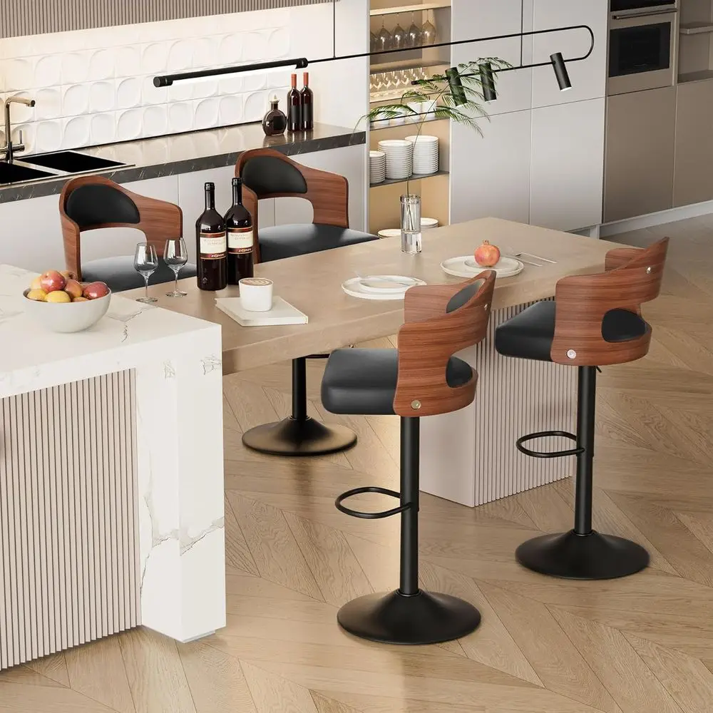 

Набор из 4 деревянных барных стульев с обивкой из искусственной кожи, поворотные, с подлокотниками и подставкой для ног, регулируемая высота 24.5-33.5 дюйма, для барной стойки