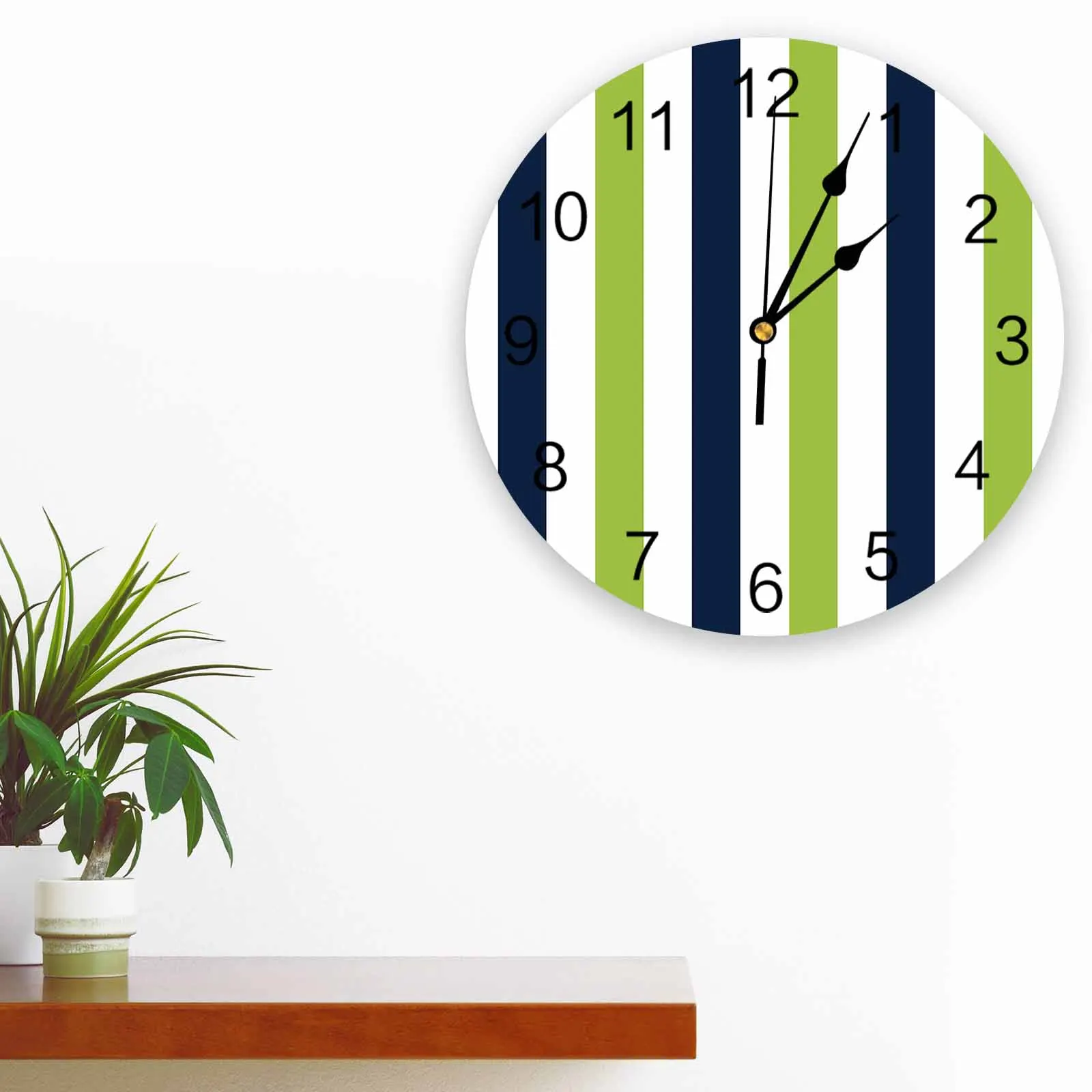 

Navy Blue Grass Green Contrast Striped Wall Clock Large Modern Kitchen Dinning Round Clocks Bedroom Silent Hanging Watch