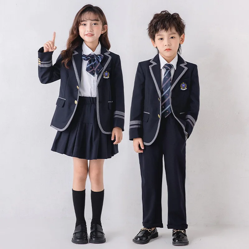 Kids School Uniform Girls Korean Japanese Navy Jacket Pleated Skirt Boys Formal Dress Suits Children Student Clothes Class Sets