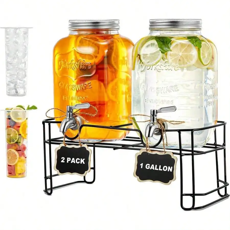 Glass Drink Dispenser Set Modern Sleek Beverage Dispenser 2 Pack 1 Gallon Glass Drink Dispenser With Metal Stand Stainless Steel Spigot Ice Infuser Cylinder For Party Outdoor Barbecue Weddings Lemonade Housewarming Gift
