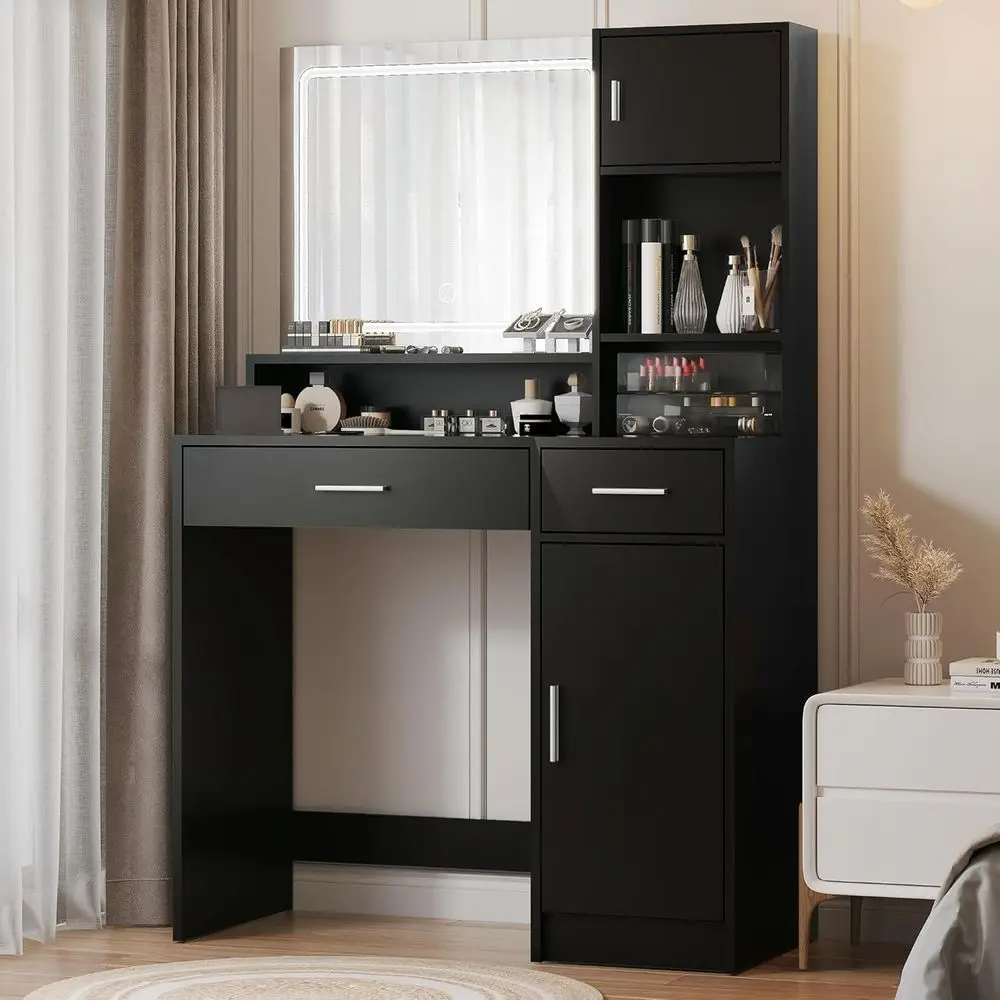 Vanity Desk with LED Light Mirror, Dring Table with Large Der & 3-Tier Storage, Adjustable Brightn3 Lighting es, ern Makeup Desk