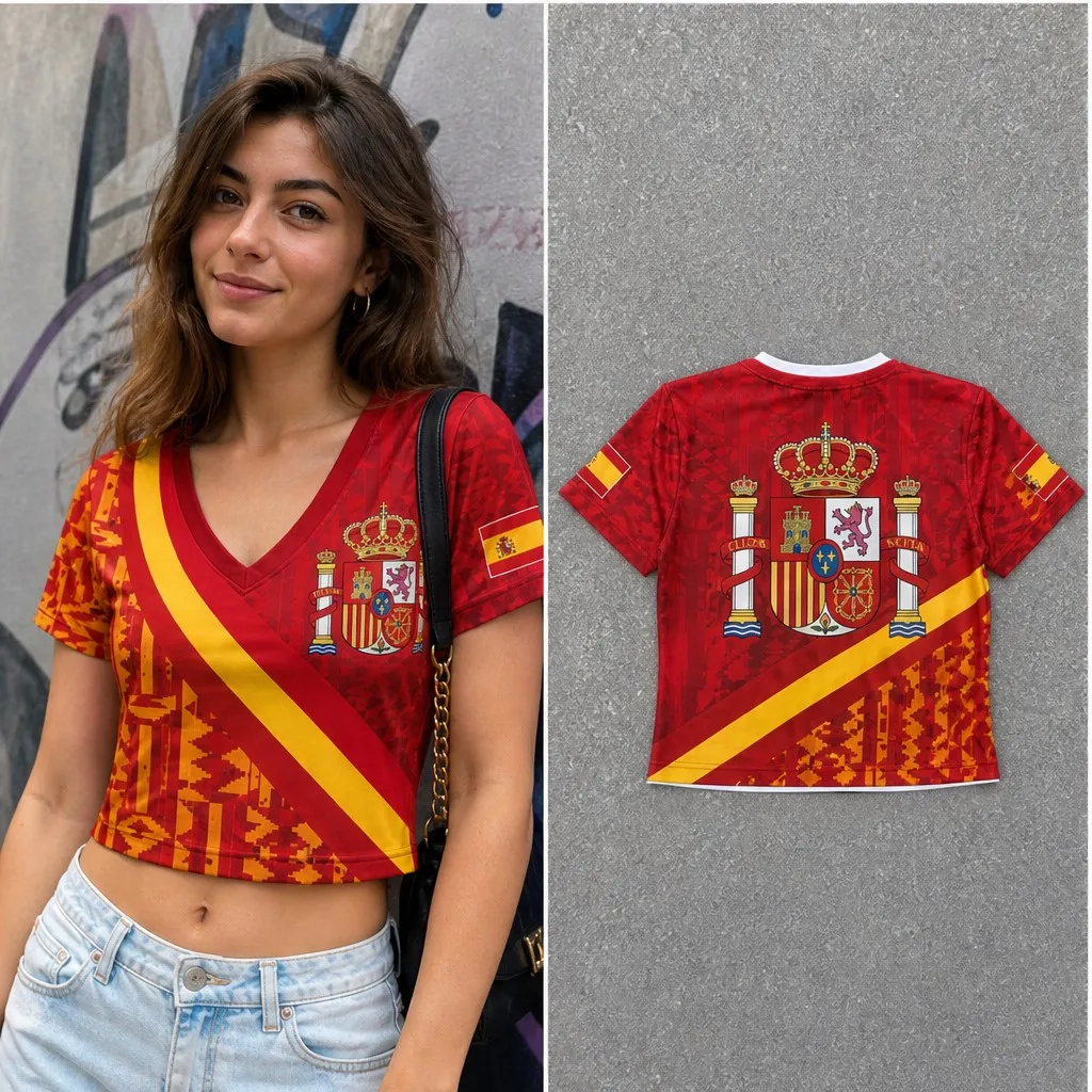 Womens V Neck Cropped Tee Spain Crest Ribbon Graphic Short Sleeve Summer Casual Top With Regal Back Design Street Style Day Look