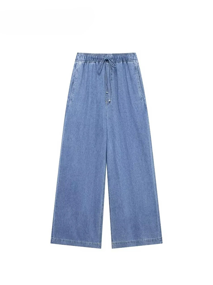 

2025 Autumn Denim Pant For Women Loose High Waist Jeans Female Fashion Drawstring Elastic Waist Wide Leg Pants