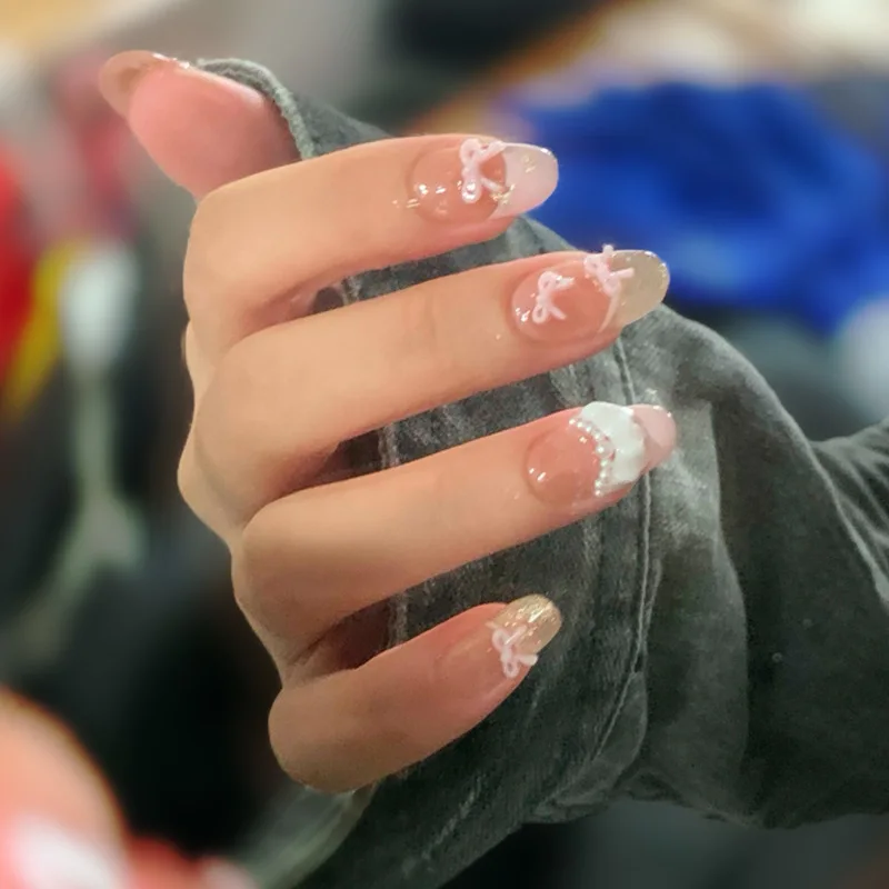 

10PCS Handmade Press on Nails 3D Skirt Ballet Sweet Girl Heart Wearing Armor French Bow Nail Patch Reusable Fake Nails