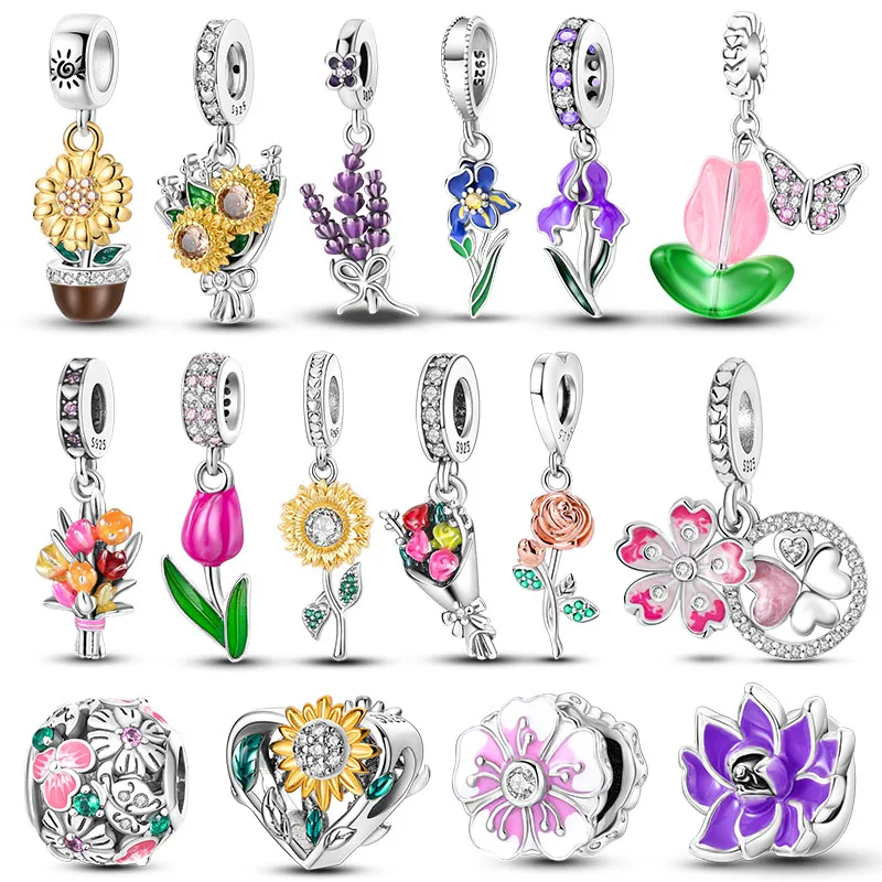 925 Silver Flower Charms  Sunflower Tulip Pendants Fit Original Pan Bracelet Making Jewelry Baeds