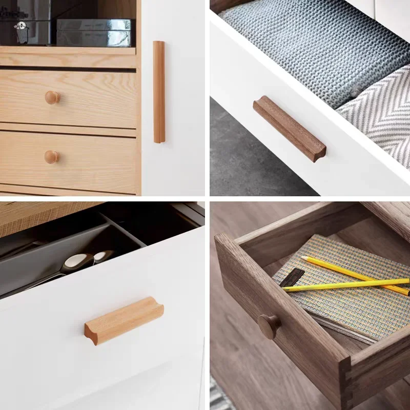 Nordic Solid Wood Minimalist Cabinet Handles for Kitchen Drawers Wardrobes Child Safe Pulls Wooden Door Knobs Home Decor Walnut