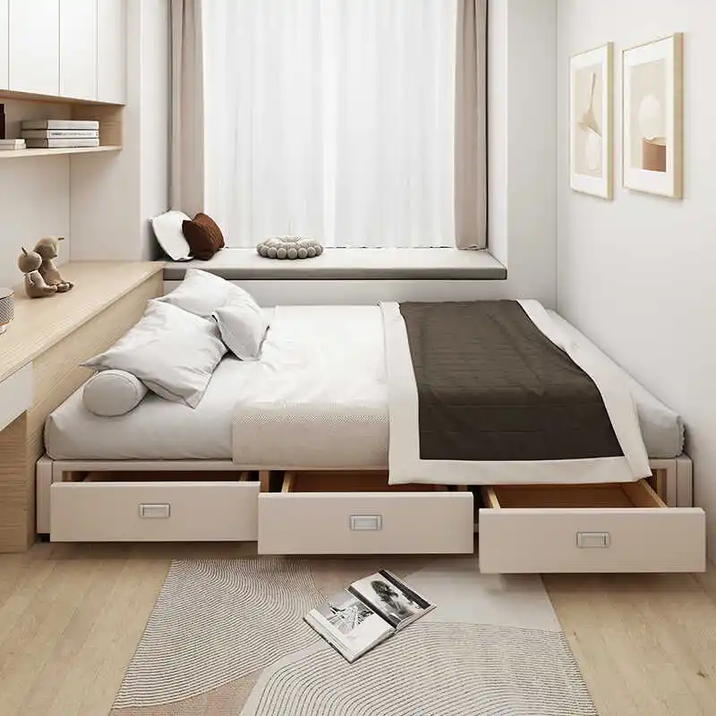 

No bedside modern simple row skeleton custom any size tatami children's air pressure storage bedroom solid wood bed