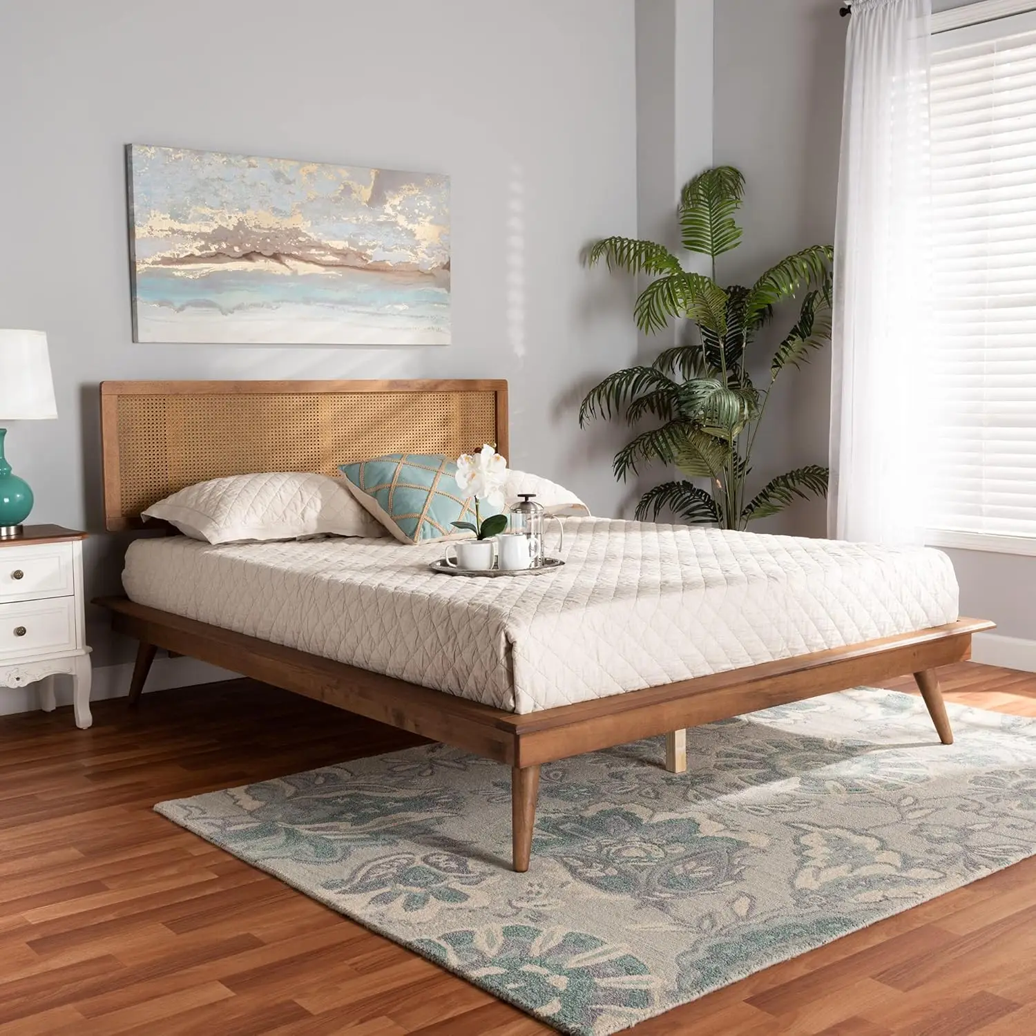 Nura Mid- Modern Walnut Brown Finished Wood And Synthetic Rattan Full Size Platform Bed