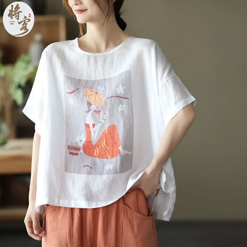 Women Summer Elegant Loose Printing Fashion Cotton and Linen O-neck Short Sleeve T-Shirt Women Clothes Trend All-match Thin Tops