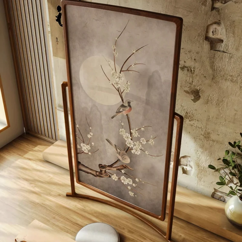 

New Chinese style solid wood ancient style flower and bird zen screen partition living room