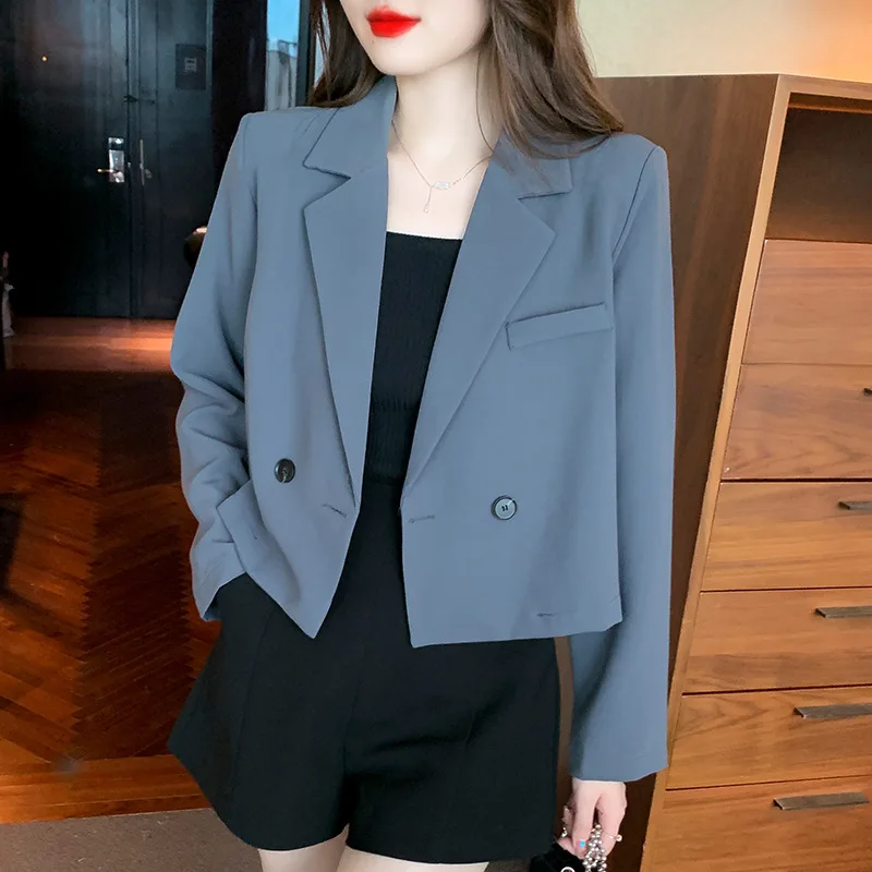 2023 Koreaanse Mode Sexy Cropped Blazer Vrouwen Schoudervullingen Jassen Korte Lange Mouwen Chique Y 2K Stijlvolle Elegante Blazers Grijs