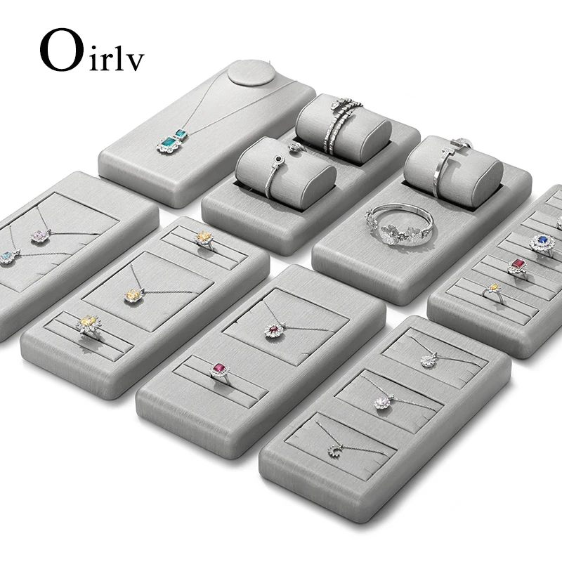 

Oirlv Light Grey Leather Jewelry Display Set for Earring Ring Necklace Bangle Shop Trays Counter Jewelry Display Props