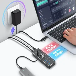 Hub USB C con alimentación de 7 puertos Rshtech con 10 Gbps USB-C 3.2 Puertos Informes táctil individual 5V/3A Adaptador de potencia Splitter USB Splitter 8 mejores ventas USB Hub 3.2 - №6