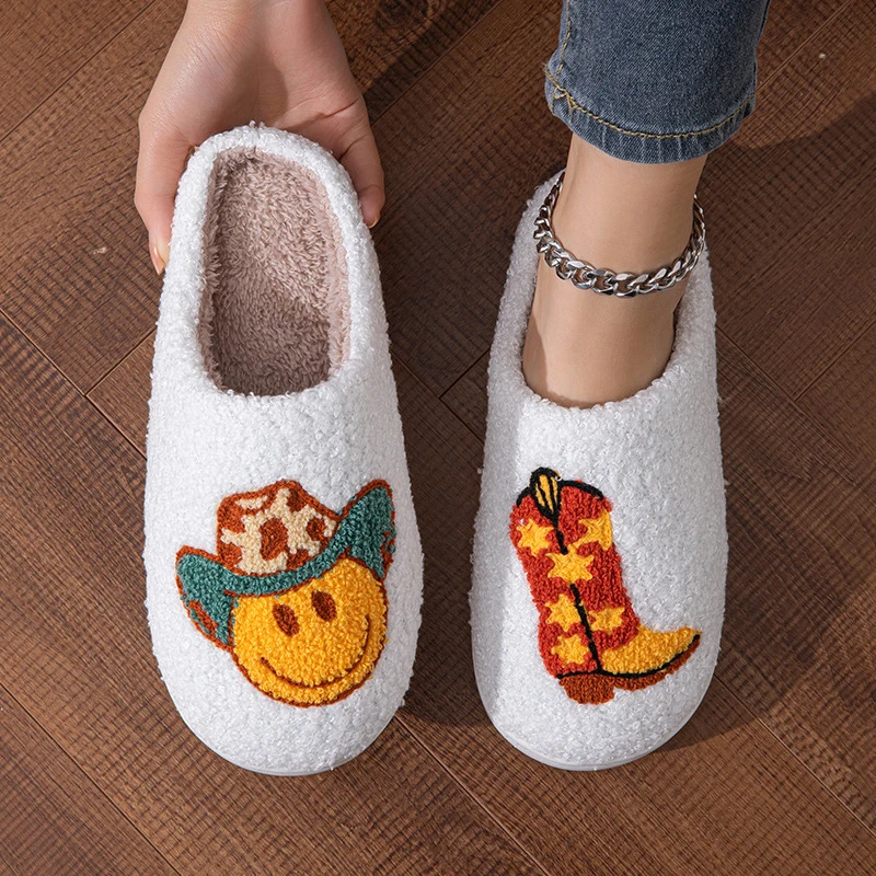 Cute Cartoon Fluffy Slippers Women Winter Cowboy Soft Sole Plush Slippers Woman for Home Closed Toe Non-Slip Warm Cotton Shoes