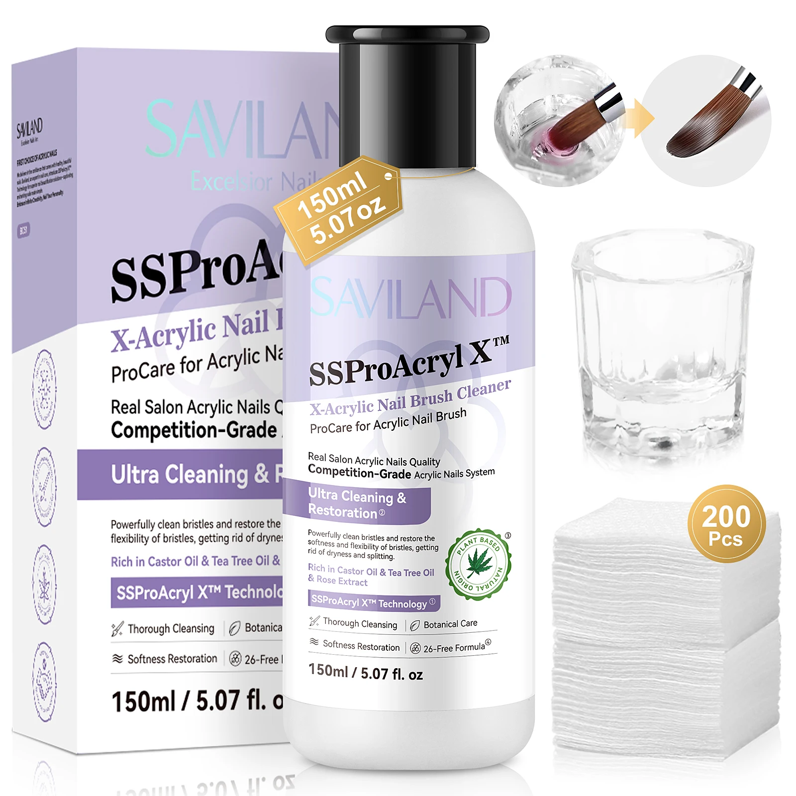 

Saviland 5oz Acrylic Brush Cleaner with Castor Oil, Cleaning Pads & Dish, Nail Brush Restorer for Home Salon.