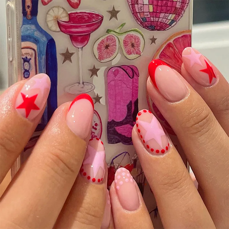 24Pcs Almond Press on Nails Y2K Star Diamond Designs for Cool Girls Nude Color Fake Nails for Women Full Cover False Nail Tips