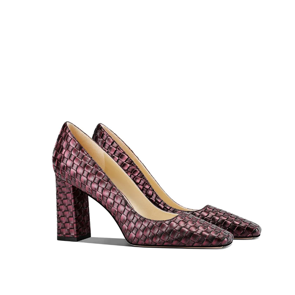 

2026 Spring Summer Women's European American Style Burgundy Woven Texture Square Toe Block Heel Comfortable High Heels