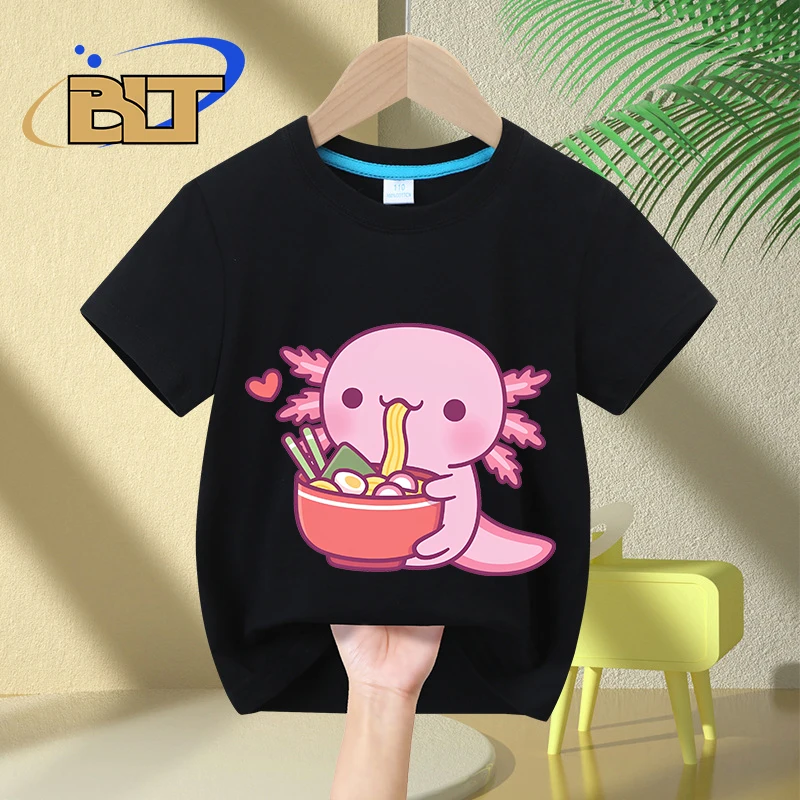 Śliczny aksolotl uwielbia jeść japoński makaron Ramen z nadrukiem dzieci t-shirt letni z czystej bawełny z krótkimi rękawami dla chłopców i dziewcząt