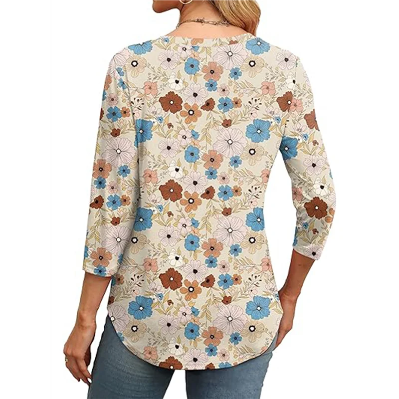 AOAO-3/4 Długość Rękawa Damskie Bluzki Okrągły Dekolt Codzienne Tuniki Podstawowe Plisowane Koszule Luźny Krój 2025