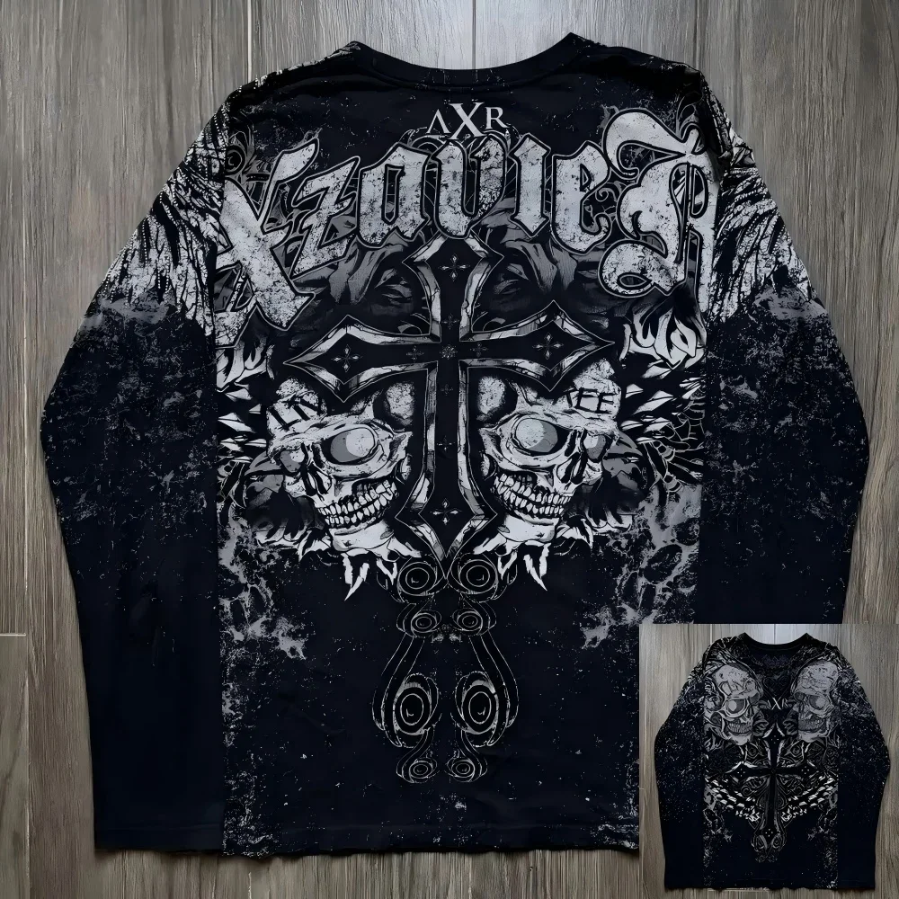 European and American 3D Printed Breathable Sports Shirt Men's Fashion Skull Wing Print Long Sleeved T-shirt Outdoor Streetwear