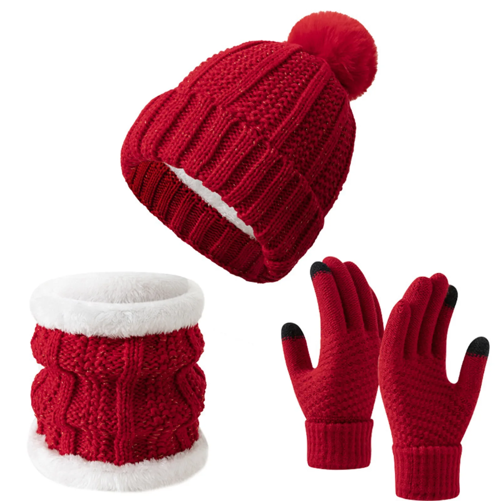 Damen Wintermütze, Schal, Handschuh-Set, Fleece-gefüttert, Strickmütze, warmer langer Schal, Winter-3-teiliges Set, Handschuhe, Schal-Set für Jungen