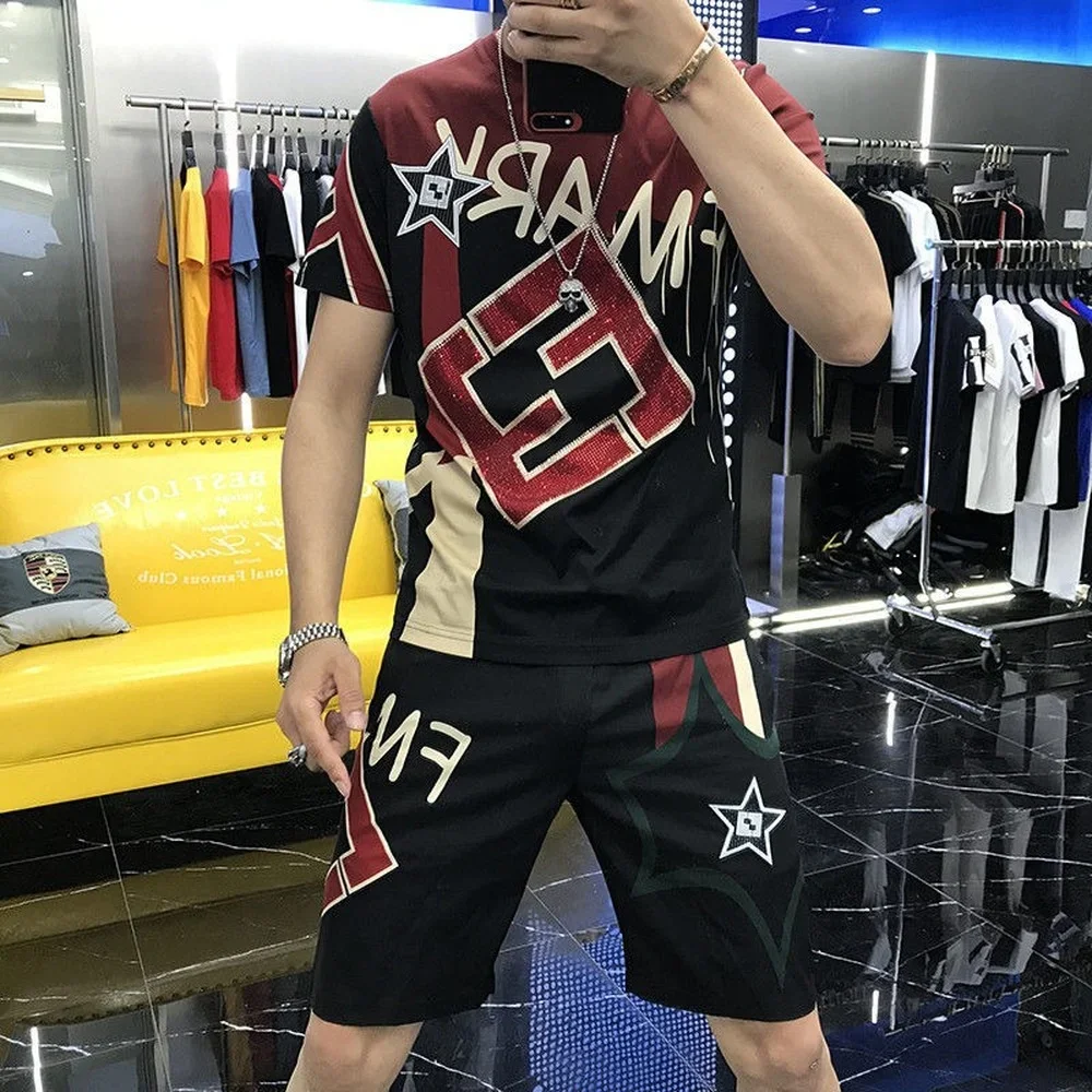 Rhinestone Letters Summer Men\'s Sets, Korean Style Fashion Short Sleeve Shorts 2-Piece Set, Jogging Sportswear, Men Clothes