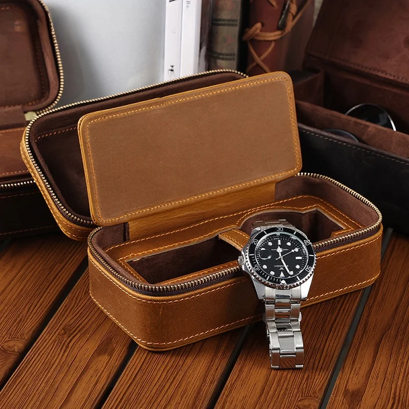 Retro Crazy Horse Leather Rectangle Watch Box Single Pack Travel Zipper Leather Premium Watch Storage Box