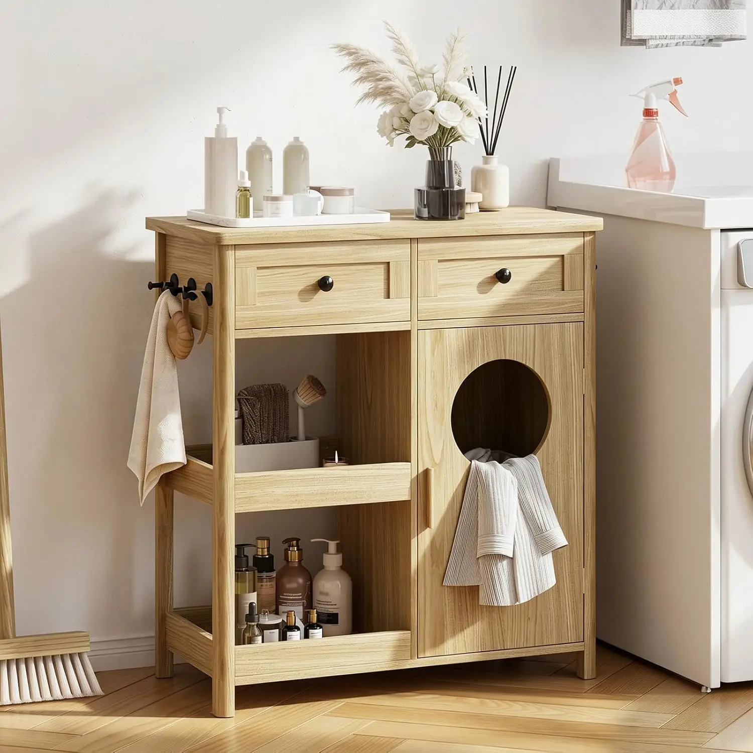 Laundry Hamper Cabinet with 2 Drawers & Open Shelves, Anti-Tip,Oak, Customized