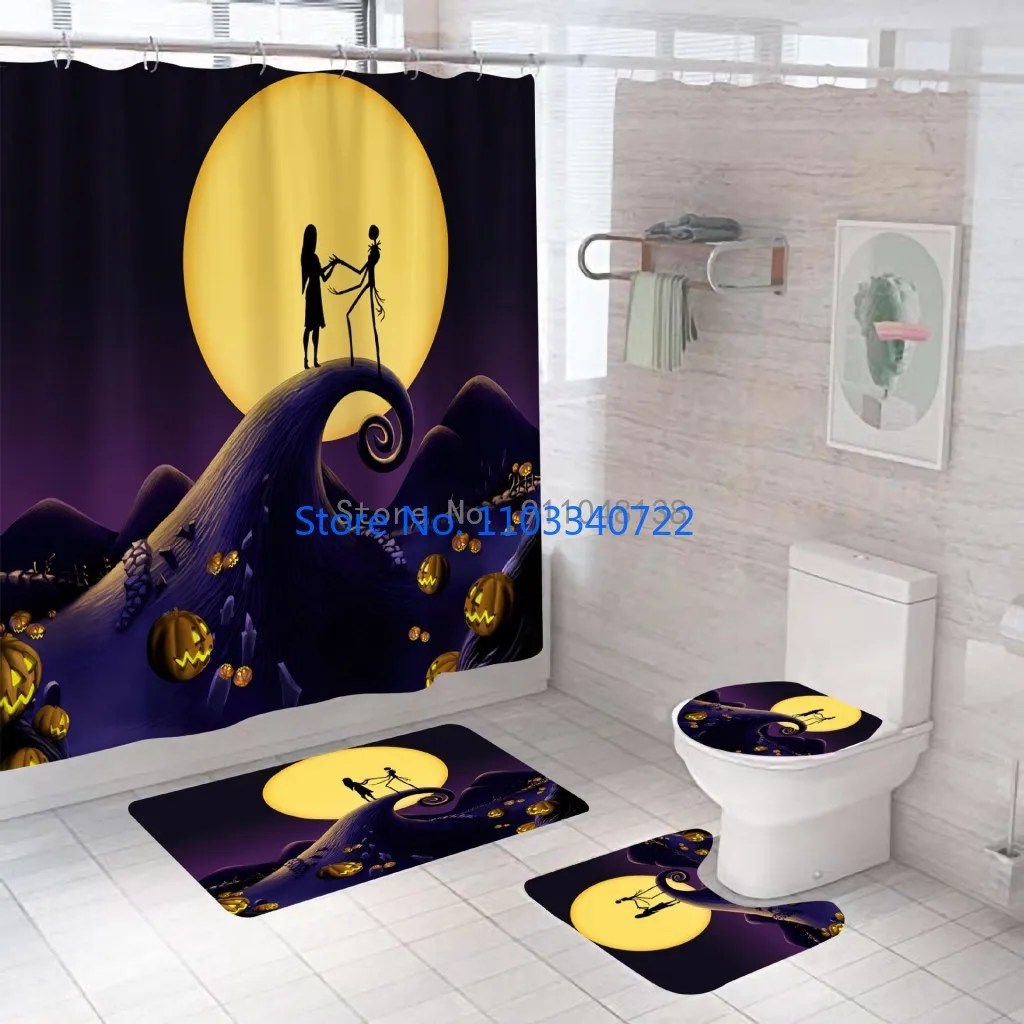 Nightmares Before Christmas Shower  Curtain Set 4pcs with Hooks Cartoon Decor Waterproof Bathroom Toilet Mat Lid