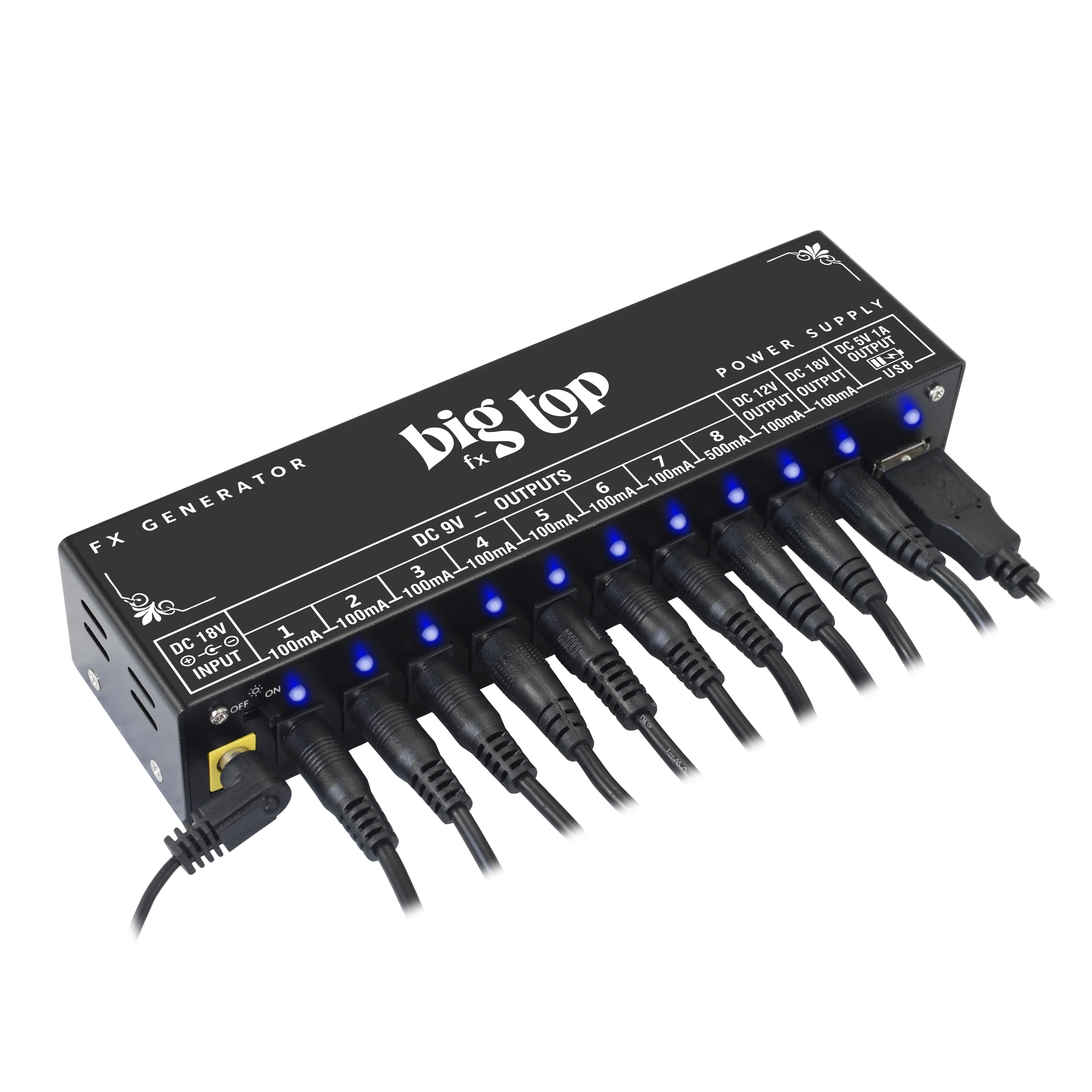 Big Top FX Generator Guitar Pedal Power Supply 10 Isolated DC Outputs & USB Port Isolated Power Source for 9V/12V/18V Effectors
