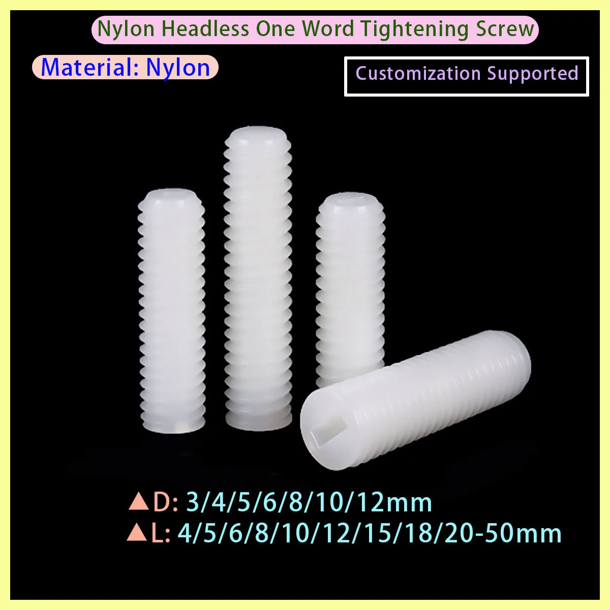 M3 M4 M5 M6 M8 M10 M12 White Nylon Cylindrical Head Bolt Plastic Flat Head Insulation Slotted Headless Fixing Screw