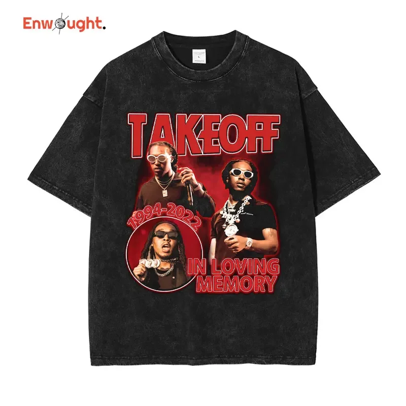 Takeoff Rapper Singer T Shirt Hip Hop Tops Tees Vintage Washed Short Sleeve Oversized T-Shirt Harajuku Streetwear Men Cotton