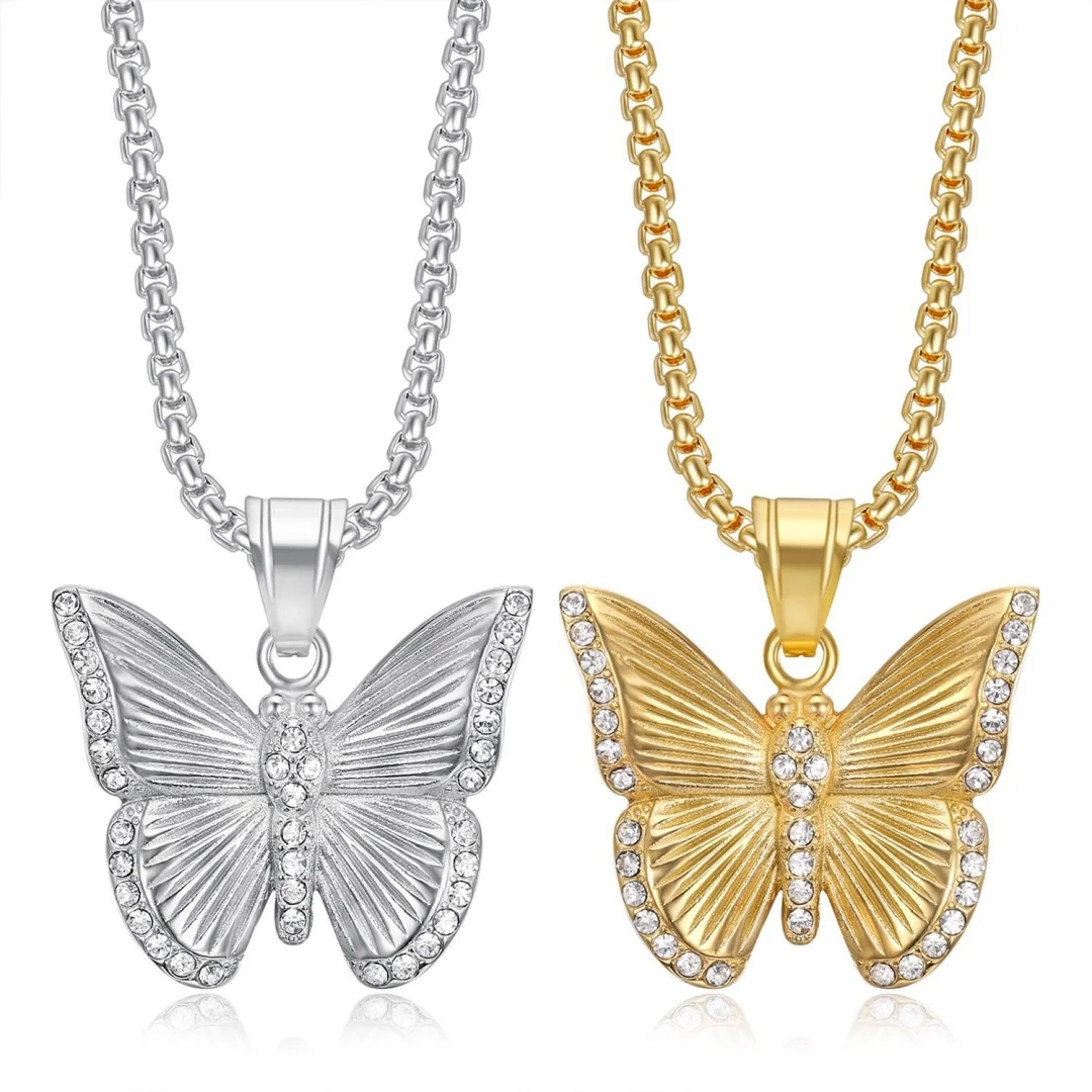 

Punk Fashion Butterfly Charm Pendant Gold Silver Color Stainless Steel Zircon Animal Necklace for Woman Man Jewelry High Quality