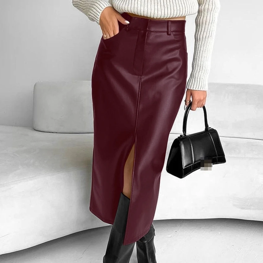 

Spring Collection ColorFaionable High-Waisted Fce Lined PU Skirt Casual Split Women's Long Skirt Street Sle