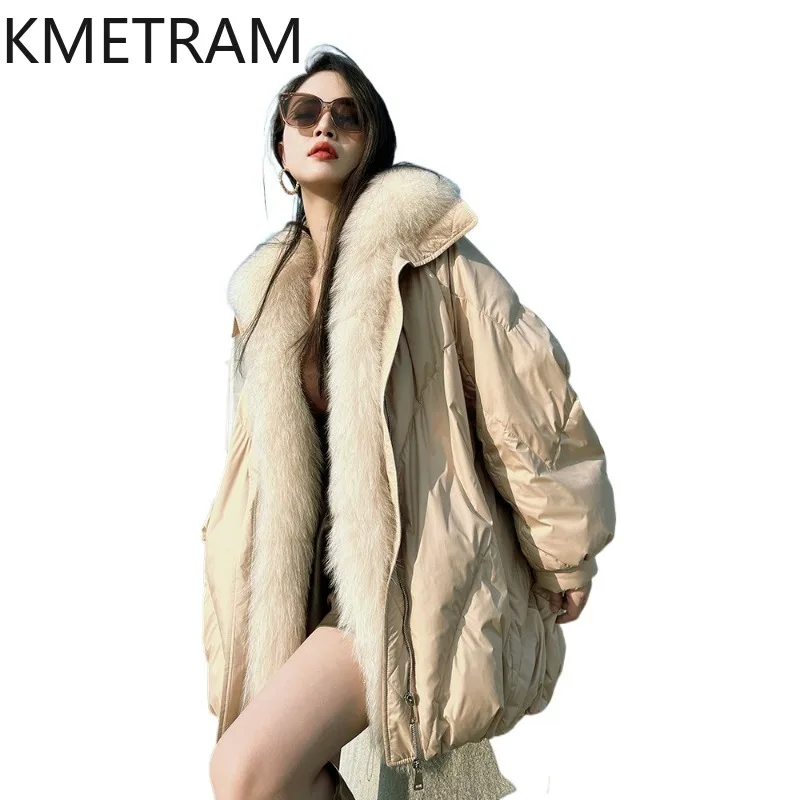 KMETRAM Lightweight Goose Down Jacket Woman Fox Fur Outerwear Oversized Mid-Length Down Jackets Women Winter Coat Chic 경량패딩 2026